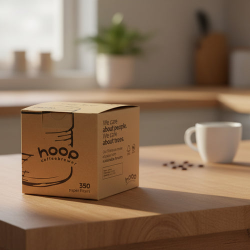 Brown cardboard box of hoop coffeebrewer paper filters on a white background