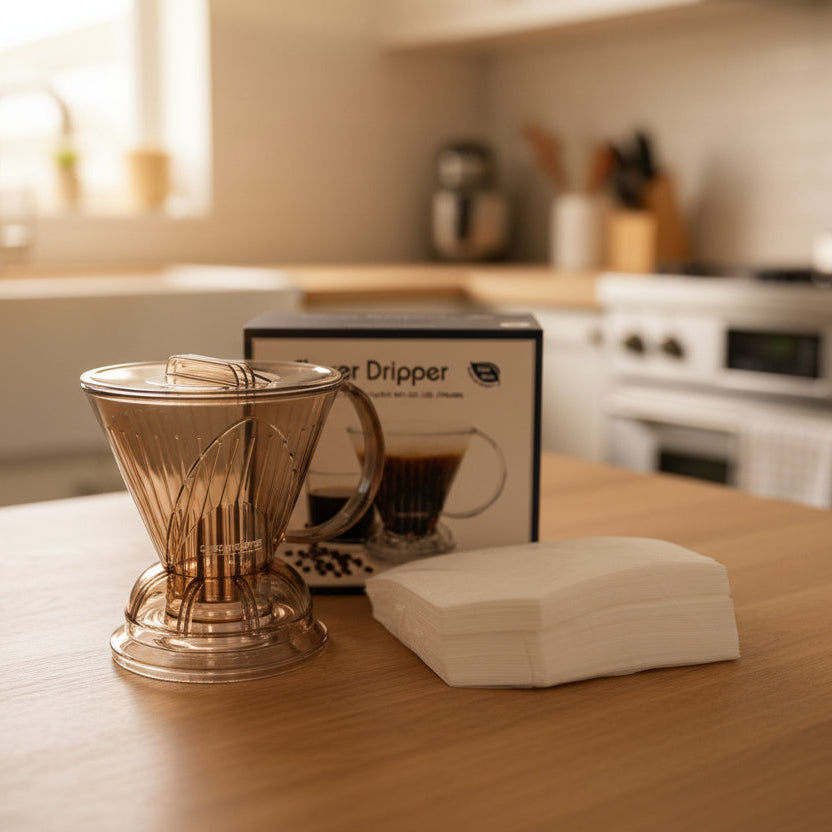 Coffee brewing set with Clever Dripper, coffee cup, and filters on a white background